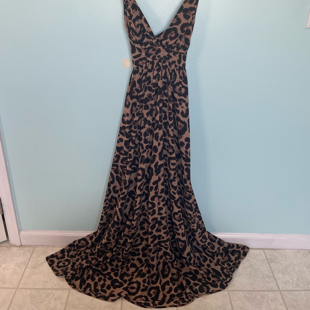 Plunging Neck Crisscross Open Back Leopard Dress